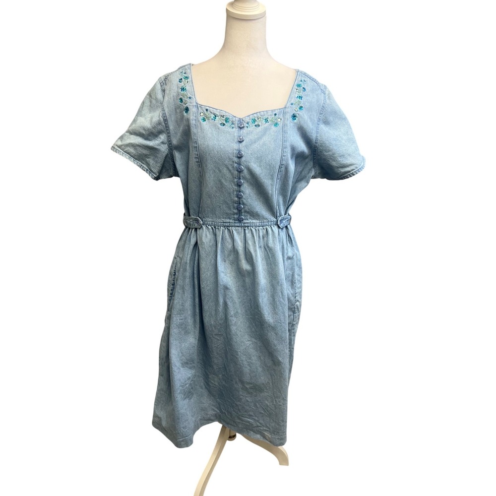 Vintage Erika Denim Dress Sz L Floral Embroidery Midi Retro Cottagecore Coastal